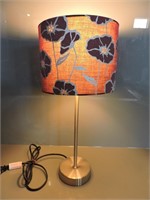 BRUSH METAL TABLE LAMP WITH FLORAL SHADE 20"T