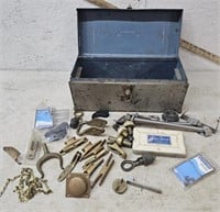 Toolbox with contents, boat hardware, brass, etc