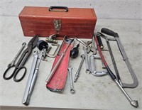 Toolbox with contents, wrenches, c clamps, etc