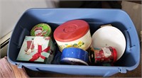 Tote full of all different size Christmas tins