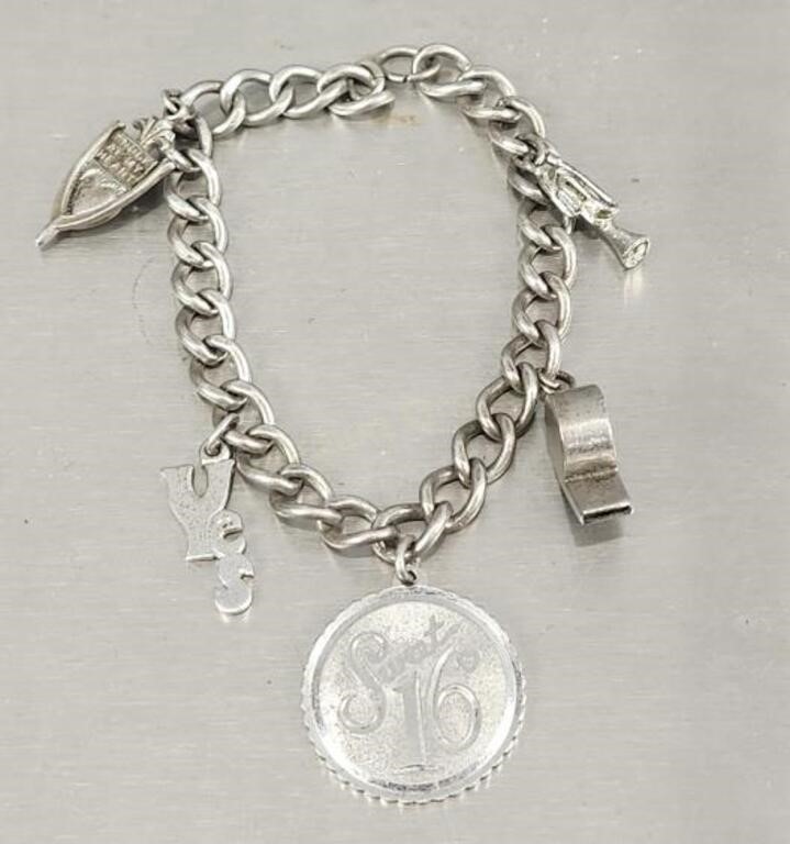 Sterling Chain 7in Charm Bracelet Unmarked.