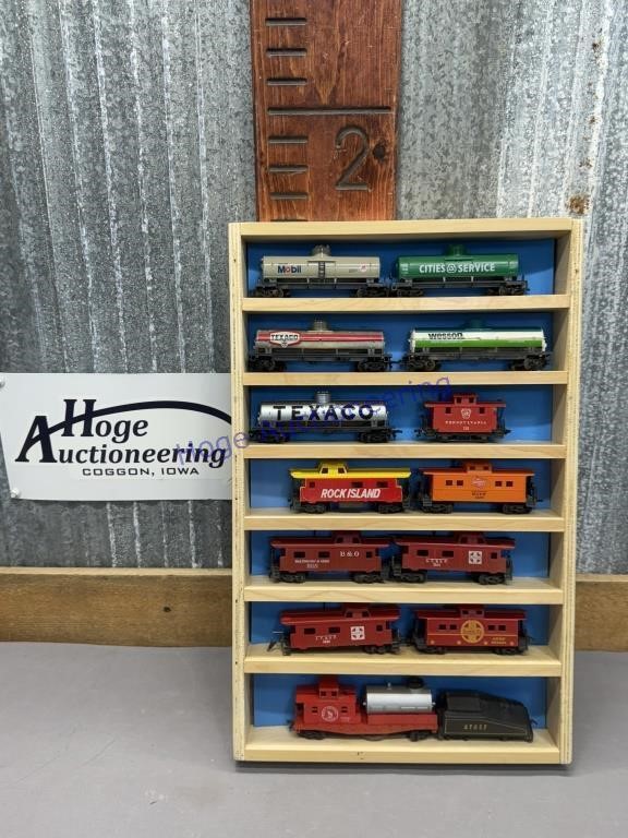 14 HO SCALE TRAIN CARS IN WOOD DISPLAY CASE