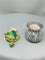 carved stone dish & painted cast parrot knocker