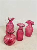 4 cranberry glass vases - 5", 7" & 8.5" tall