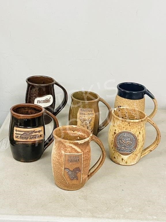 6 LoPinto Pottery mugs w/ advertising
