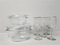 Pyrex Glass Bowls, Etched Wine Glasses