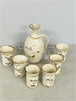 Clay House pottery carafe & 6 cups - 10" tall
