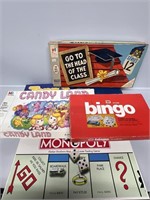 Candy land, bingo, Topple, Monopoly