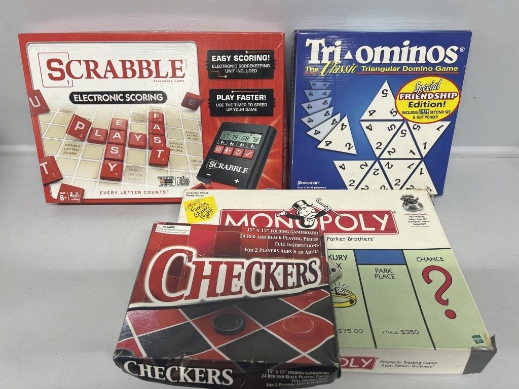 Scrabble, Tri-ominos, Monopoly, Checkers