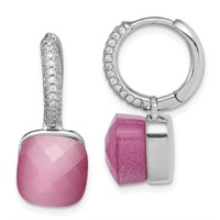 Silver Created Pink Cats Eye Hoop Earrings