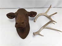 Vintage Wall Hanging Cow Head + Deer Antlers