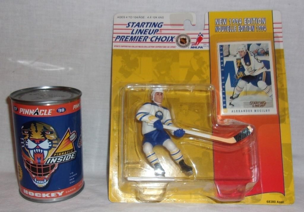 Mogilny figure & Pinnacle unopened can of cards.