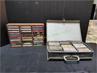 (59) Cassette Tapes in Case & Wood Tape Holder
