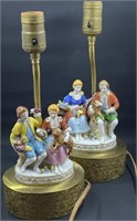 Rococo Couple Ceramic and Brass Lamp Pair