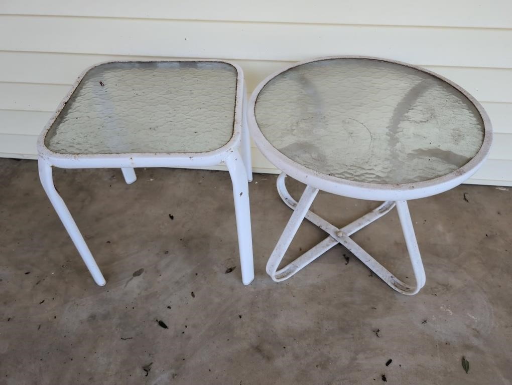 2 metal and glass outdoor end tables
