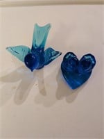 2 Leo Ward blue glass signed 2001 birds