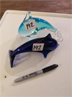 Art glass dolphins dark blue has chip off fin