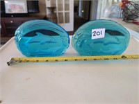 2 blue art glass etched dolphin sculptures