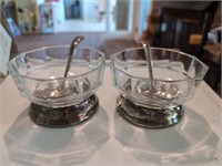 Pair small silver plate and glass bowls w spoons