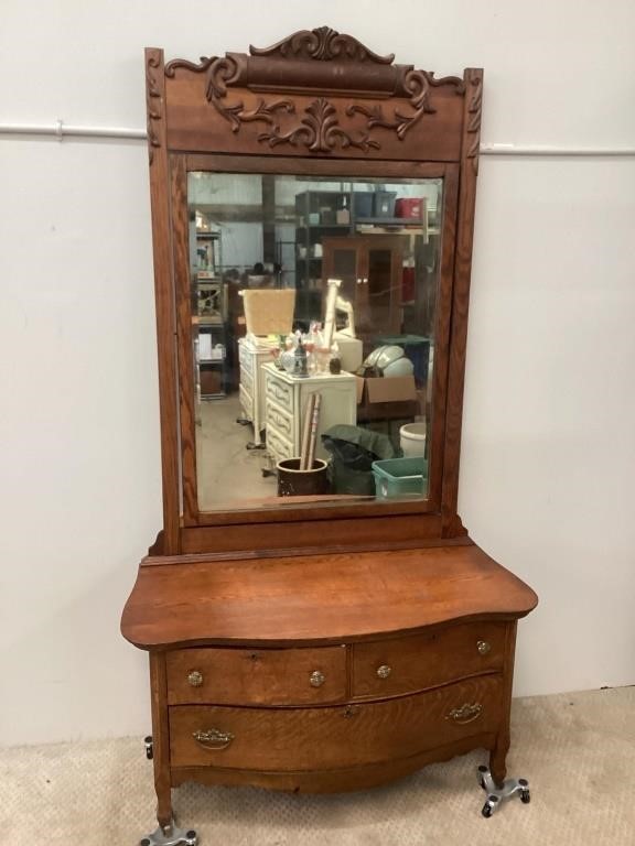 Oak Low Boy Chest with Beveled Mirror