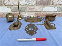 GROUP OF BRASS ITEMS - PIGGY BANK, TRAY, BOWL,