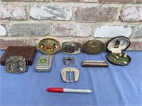 BOX LOT: BELT BUCKLES, MOTHER OF PEARL CUFF LINKS,