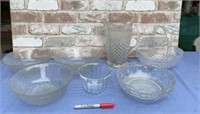 BOX LOT: PRESSED GLASS SERVING PIECES - PITCHER,