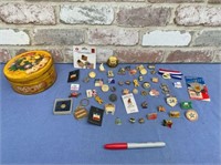 TIN WITH ASSORTED COLLECTOR/LAPEL PINS