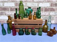 BOX LOT: ASSORTED COLORED GLASS BOTTLES