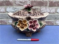VINTAGE CERAMIC COVERED DISH WITH ROSE DETAIL
