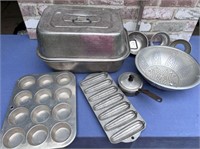 BOX LOT: METAL COOKWARE - MUFFIN TIN, STRAINER,