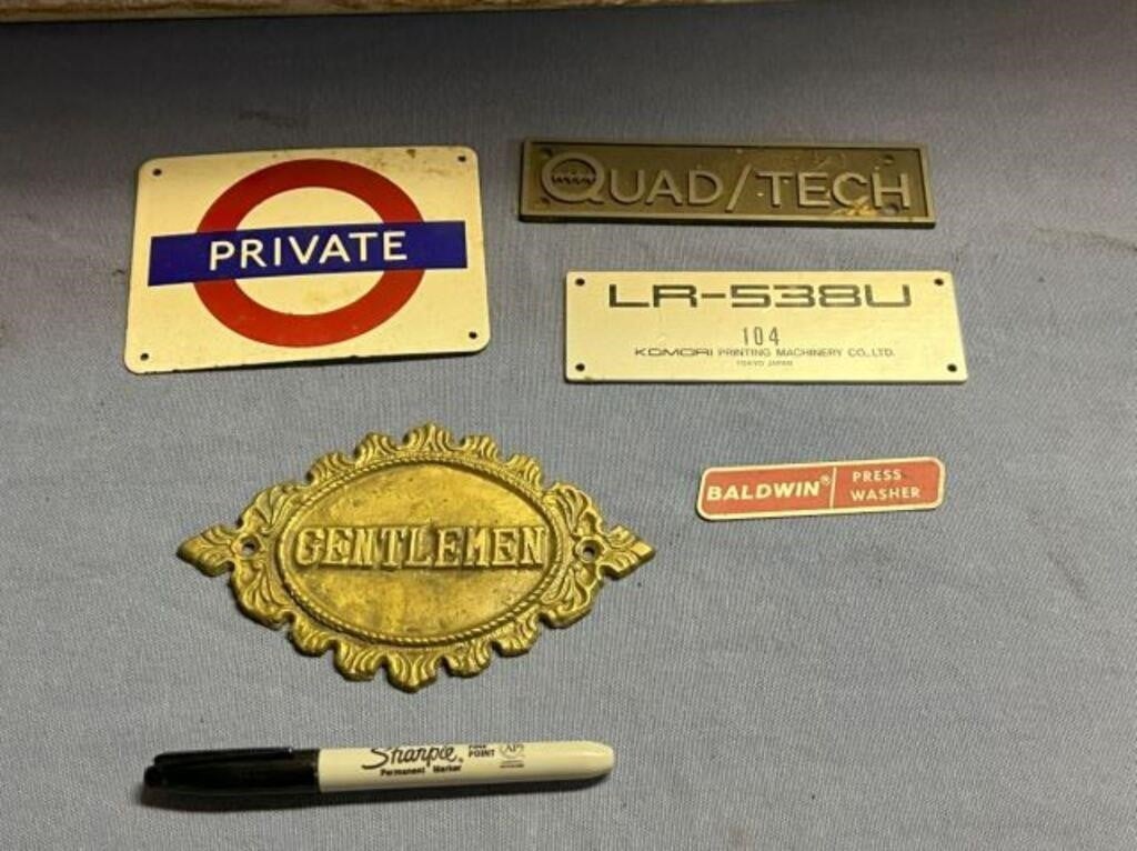 GROUP LOT OF ASSORTED SIGNAGE- BRASS, ENAMEL,