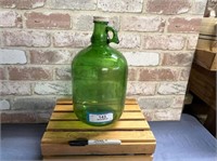GREEN GLASS 7- UP JUG WITH METAL LID