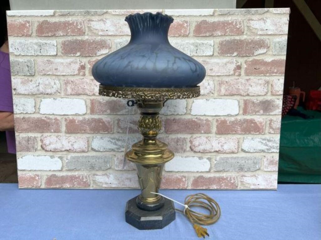 BEAUTIFUL BRASS LAMP WITH MARBLE BASE AND BLUE