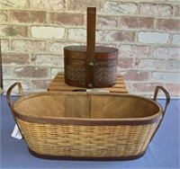 (2 PCS) WOVEN BASKETS WITH LEATHER ACCENTS