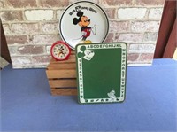 BOX LOT: ASSORTED MICKEY MOUSE ITEMS: CLOCK, TRAY,