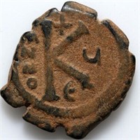 Byzantine coin-AE half follis-Justin II-Thessaloni