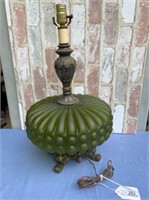 VINTAGE BRASS & GREEN GLASS TABLE LAMP