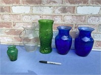 (5 PCS) GLASS VASES - 2 BLUE, 2 GREEN, 1 CLEAR