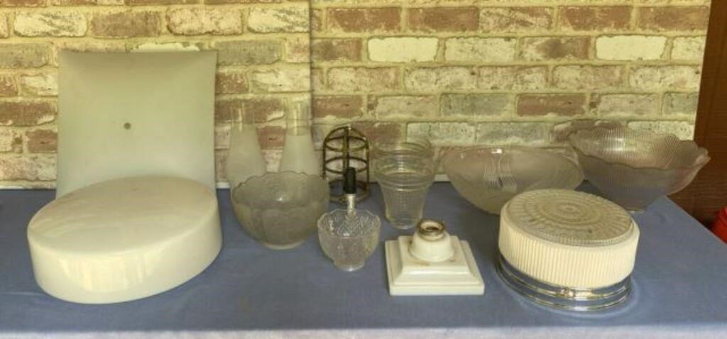 (2 BOXES) ASSORTED GLASS LIGHT FIXTURES/SHADES
