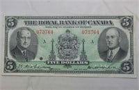 Royal Bank of Canada $5 Banknote  1943 issue