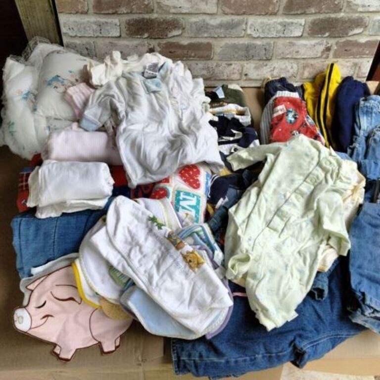 (5 BOXES) VINTAGE BABY CLOTHES, SHOES, BLANKETS,