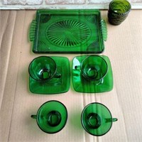 ASSORTMENT OF 8 GREEN GLASS DISHES - 4 TEA CUPS,