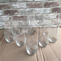 (8 PCS) ETCHED GLASS PITCHER & 7 MATCHING GLASSES