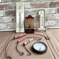 BOX LOT: VINTAGE ITEMS - 3 THERMOMETERS, METAL