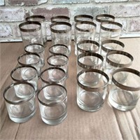 (2 BOXES) 23 ASSORTED SIZE BAR GLASSES WITH SILVER