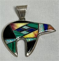 Sterling Inlay Bear Fetish Signed Pendant