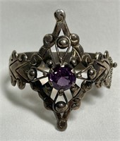 Cuff Bracelet with Purple Stone, Signed