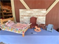 (8 PCS) WOODEN DOLL BED, CHAIRS, TOY ROCKING HORSE