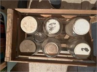 WOOD CRATE WITH 6 GALLON GLASS JARS & 1 GLASS